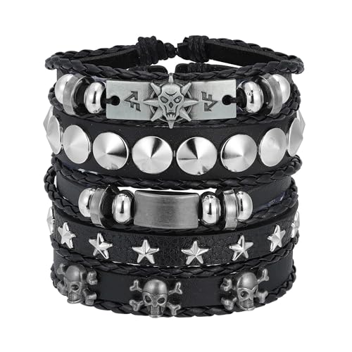Braided Faux Leather Bracelet Punk Cuff Wrap Bracelets for Men Women Skull,Star,Bull bracelets - color: A3:5PCS