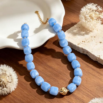 Chunky Beaded Necklace for Women,Square Resin beads boho Choker Necklace with gold-tone spacers,Fashion Trendy Summer Beach Party Necklaces Handmade Surfer Beach Necklaces Jewelry Gifts - color: Blue