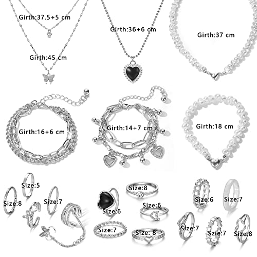 IFKM 36 PCS Silver Plated Jewelry Set with 3 PCS Necklace, 12 PCS Bracelet, 7 PCS Ear Cuffs Earring, 14 Pcs Knuckle Rings for Women Valentine Anniversary Birthday Friendship Gift - color: 21 Pcs Silver
