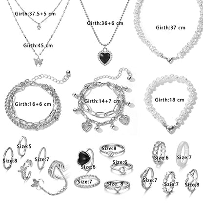 IFKM 36 PCS Silver Plated Jewelry Set with 3 PCS Necklace, 12 PCS Bracelet, 7 PCS Ear Cuffs Earring, 14 Pcs Knuckle Rings for Women Valentine Anniversary Birthday Friendship Gift - color: 21 Pcs Silver