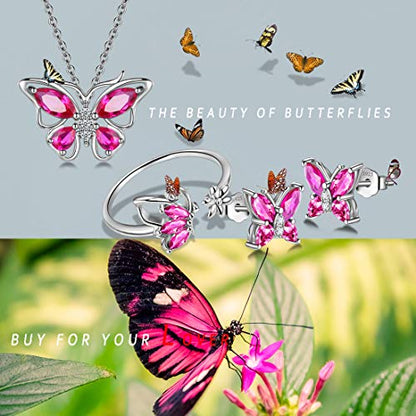 925 Sterling Silver Birthstone Butterfly Jewelry Women Crystal Animal Cute Butterflies Birthday Necklace/Earring/Ring/Bracelet Sets Birth Stone Statement Anniversary Jewellery - color: 2-G.July-Ruby