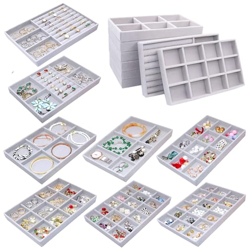 Set of 8 Stackable Jewelry Organizer X-Large Velvet Jewellry Trays Jewelryy Drawer Inserts, Earring Ring Brooch Necklace Bracelet Watch Display Plate with Removable Dividers - color: GREY, size: X-Large