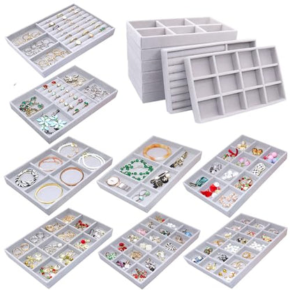 Set of 8 Stackable Jewelry Organizer X-Large Velvet Jewellry Trays Jewelryy Drawer Inserts, Earring Ring Brooch Necklace Bracelet Watch Display Plate with Removable Dividers - color: GREY, size: X-Large
