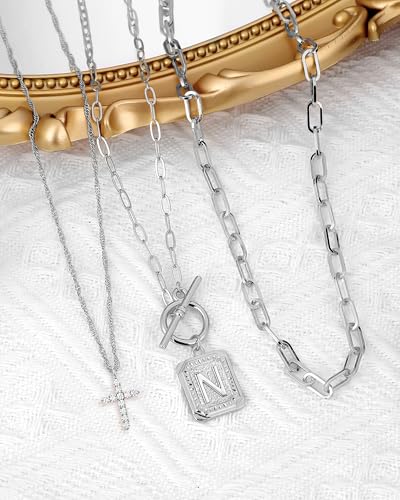 MJartoria Layered Initial Necklaces for Women Trendy, 14K Gold Plated Brass Simple Dainty Cross Choker Square Letter Pendant Necklace, Paperclip Chain Necklaces Jewelry - color: Silvery, style: N