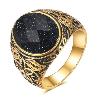 Retro Large Tiger Eye Stone Turquoise Wedding Ring For Men Classical Gothic Stainless Steel Rings - color: Gold-Black