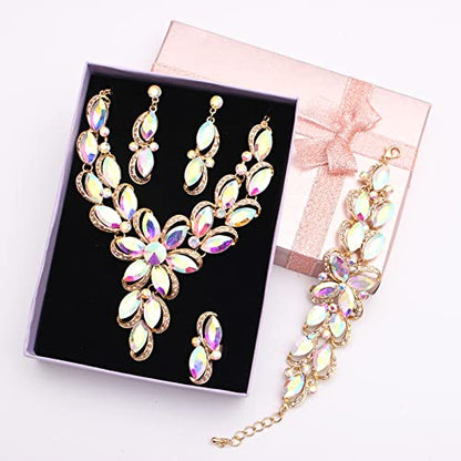 Jewelry Set for Women Rhinestone Austrian Crystal Statement Flower Necklace Link Bangle Bracelet Dangle Earrings Rings Allergy Free Wedding Party Jewelry Set for Bridal Bridesmaid - color: AB Crystal-Gold Plated