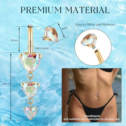 GAGABODY G23 Titanium Dangly Belly Button Ring Long Belly Rings Belly Piercing Jewelry 14G 3/8 inch 10mm Navel Barbell CZ Navel Piercing Ring - color: Style2:Gold+Dangle Heart Shape Clear ABCZ