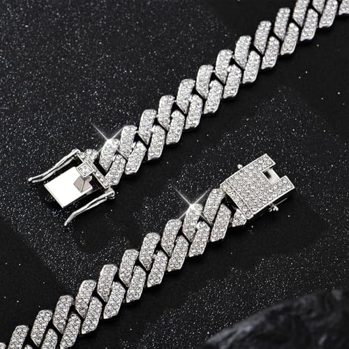 Mens Cuban Link Chain Iced Out Cuban Necklace 18K Gold & Silver Plated Chain For Men Women 14mm Hip Hop Jewelry - color: Silver, size: 18Inches