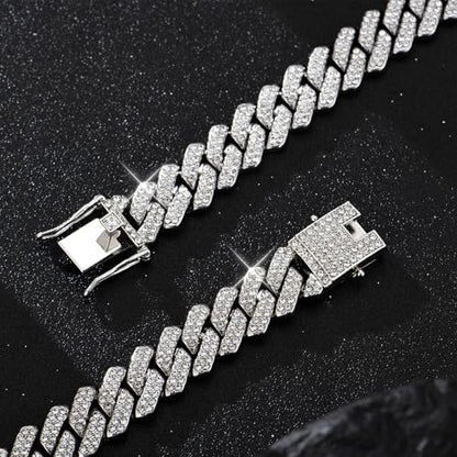Mens Cuban Link Chain Iced Out Cuban Necklace 18K Gold & Silver Plated Chain For Men Women 14mm Hip Hop Jewelry - color: Silver, size: 22Inches