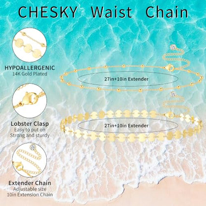 CHESKY Waist Beads for Women, 14k Gold Plated Waist Chain Gold Chain Belt for Womens Simple Body Chain Jewelry Belly Chain Beach Accessories Dainty Gold Jewelry for Women Gifts Rave Outfits for Womens - style: bead belly chain-gold