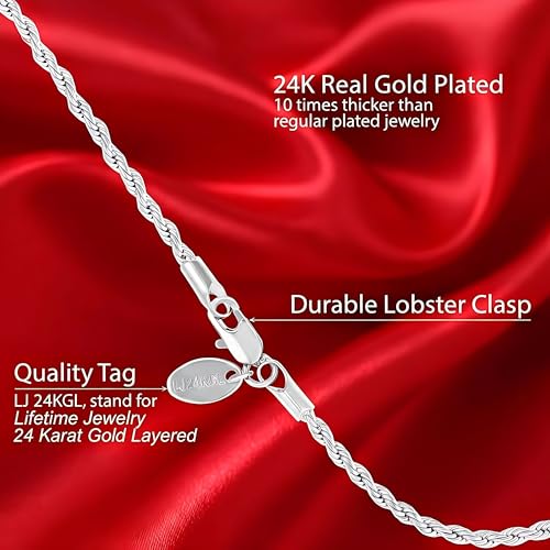LIFETIME JEWELRY Gold Anklets for Women - 2mm Rope Chain Ankle Bracelet - 24k Real Gold Plated, Made in USA Since 1987 with Lifetime Replacement - color: White Gold, size: 9 inches