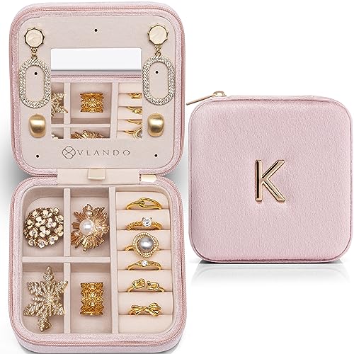 VLANDO Travel Jewelry Case, Letter K Velvet Case with Earring Panel | Soft Velvet Helps Prevent Scratches, Secure Zip Closure, Holiday Gift, Carry-On or Tote, Soft Pink - color: Pink, size: Letter K