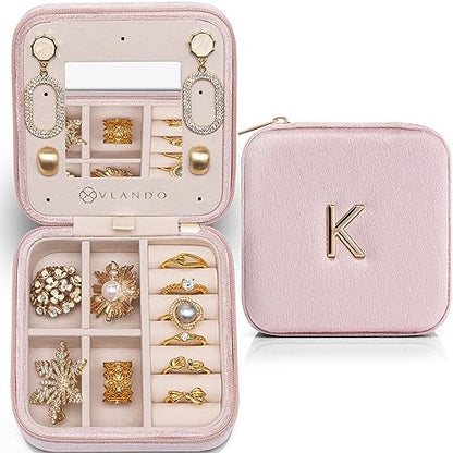 VLANDO Travel Jewelry Case, Letter K Velvet Case with Earring Panel | Soft Velvet Helps Prevent Scratches, Secure Zip Closure, Holiday Gift, Carry-On or Tote, Soft Pink - color: Pink, size: Letter K