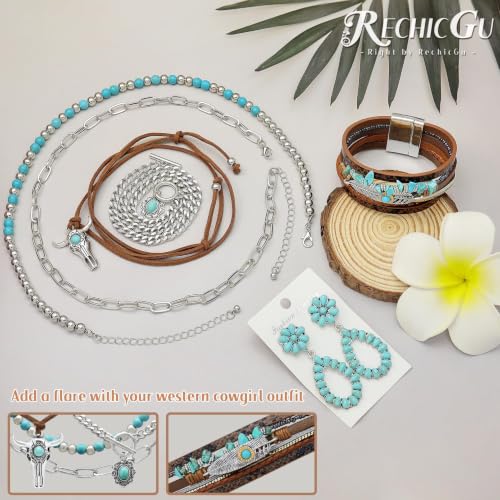 RechicGu Western Jewelry For Women Bohemian Turquoise Dangle Earrings Necklace Bracelet Set, Bullhead Pendant Layered Choker Boho Faux Leather Wristband Country Concert Cowgirl Accessories - color: Jewelry Set C