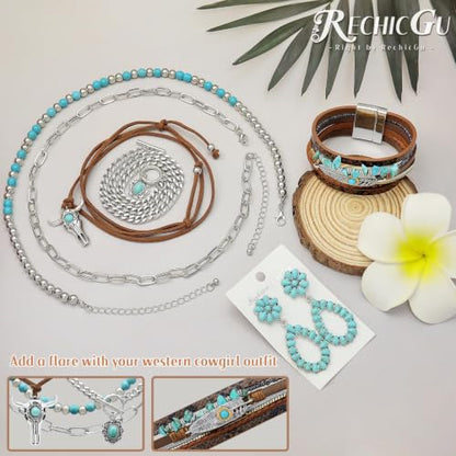RechicGu Western Jewelry For Women Bohemian Turquoise Dangle Earrings Necklace Bracelet Set, Bullhead Pendant Layered Choker Boho Faux Leather Wristband Country Concert Cowgirl Accessories - color: Jewelry Set C