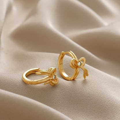 Cubic Zirconia Huggie Earrings 14k Gold Plated Tiny Earrings Small Huggie Hoop Earrings Simple Lightweight Hoops Gift for Women - color: Bow-Gold