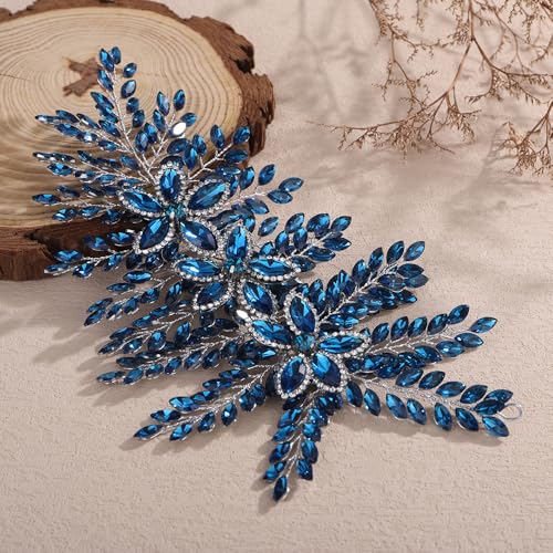 Teyglen Large Full Rhinestone Headband Flower Crystal Bride Wedding Headband Hair Vine Bridal Rhinestone Headpiece Wedding Hair Accessories for Women Party Prom (Peacock blue) - color: Peacock blue