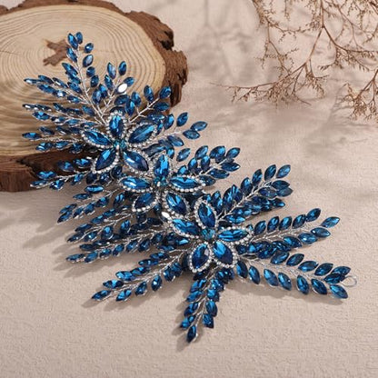 Teyglen Large Full Rhinestone Headband Flower Crystal Bride Wedding Headband Hair Vine Bridal Rhinestone Headpiece Wedding Hair Accessories for Women Party Prom (Peacock blue) - color: Peacock blue