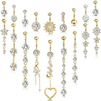 Yaomiao 18 Pcs 14G Stainless Steel Belly Button Ring Rhinestone Heart Dangle Belly Button Rings for Women - color: Gold, Elegant Style