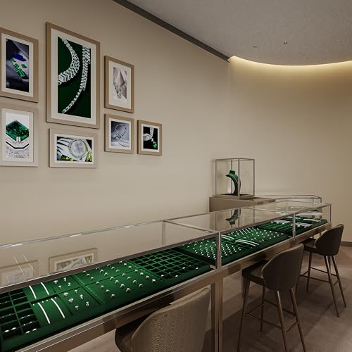 Flat Velvet Jewelry Display Tray for Dresser & Retail Green | No Compartment Design, Large Open Space, Stackable, For Ring Necklace Bracelet Watch Earring Bangle - size: 1 Grid