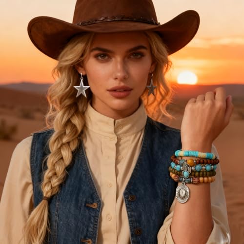 LOTSOF Western Turquoise Beaded Bracelet, Chic Stack Beaded Western Style for Country Concerts, Cowgirl Outfits & Boho Jewelry - color: A set of five hats