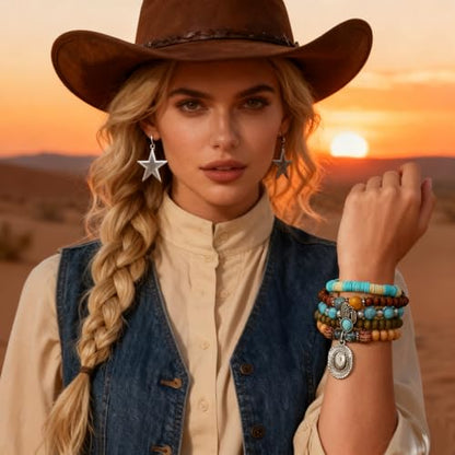 LOTSOF Western Turquoise Beaded Bracelet, Chic Stack Beaded Western Style for Country Concerts, Cowgirl Outfits & Boho Jewelry - color: A set of five hats