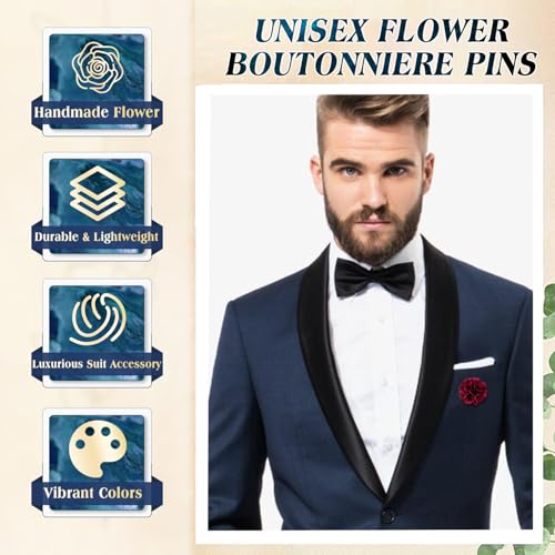 Yadiana 16 Pcs Lapel Flower Pins for Men Suit, Handmade Satin Boutonniere Pins Gentleman Women Flower Brooch Pins Set with Gift Box for Wedding Groom Tuxedo Clothes Accessories (4cm)