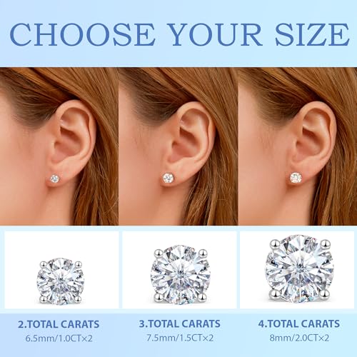 Moissanite Earrings Studs 1ct-3ct for Women/Men, 925 Sterling Silver with 18K White Gold Plated Hypoallergenic Flat Screw Back Birthday Gifts for Women Girlfriend Wife Engagement Jewelry - color: Round#3Ct-(1.5ct*2)