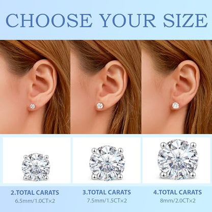 Moissanite Earrings Studs 1ct-3ct for Women/Men, 925 Sterling Silver with 18K White Gold Plated Hypoallergenic Flat Screw Back Birthday Gifts for Women Girlfriend Wife Engagement Jewelry - color: Round#3Ct-(1.5ct*2)