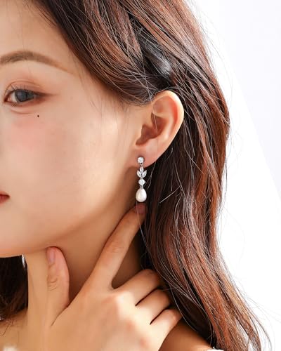 Pearl Earrings for Women, 14k Gold Plated Trendy Diamond Pearl Drop Earrings Bridal Shower Gifts Wedding jewelry for Women - color: Style D Silver