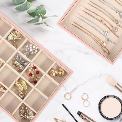 Voova Stackable Jewelry Organizer Tray with Lid (Set of 4, Pink) | Stackable PU leather jewelry trays with drawer inserts for earrings, rings, necklaces, bracelets and watches; set of 4 - color: Pink