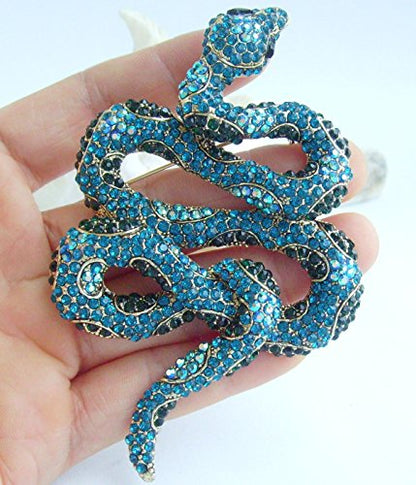 Classic 3.94" Unique Animal Snake Brooch Pin Pendant Austrian Crystal BZ5847 - color: Gold-Tone Turquoise
