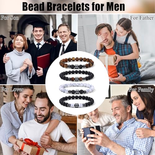 Giovanchi 4-12PCS Bracelets for Men, 8MM Mens Bracelets Lava Rock Black Obsidian Howlite Tiger Eye Beaded Natural Stone Bracelet Jewelry Gifts for Birthday Christmas - style: 4Pcs B