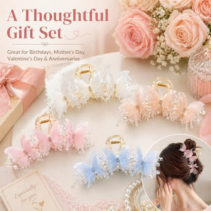 Bphne 4 Pack Pearl Butterfly Hair Clips for Women and Girls – Fabric Butterfly with Pearl Bow Decor, 6.19 Inch Large Elegant Hair Accessories, Faux Pearls Butterfly Hair Clip for Daily Styling