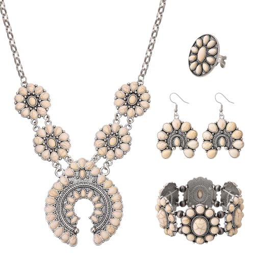4 PCS Western Turquoise Jewelry for Women Boho Vintage Navajo Pearl Necklace Earring Bracelet Ring Set Country Cowgirl Accessories for Gift - color: M-White