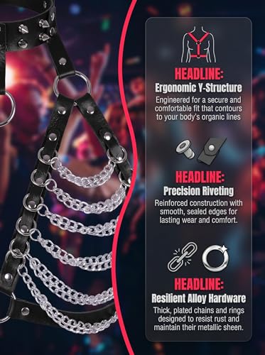 Punk Layered Chest Chain,Leather Bra CageStyle Shoulder Strap,Punk Black Leather Chest Harness Body Waist Chain Belt Rave Nightclub Belly Bra Jewelry Accessor for Halloween Carnival