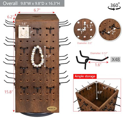 MOOCA Rotating Wooden Jewelry Display with 48 Hooks, Brown | Four-sided rotating wood pegboard with 48 removable hooks and lidded inner storage displays jewelry and accessories. - color: Brown, Square