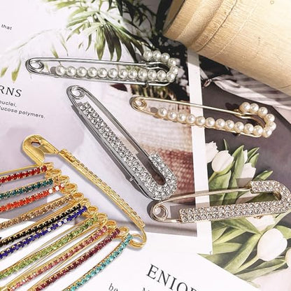 Gold Rhinestone Safety Pins, Rhinestone Gold Safety Pins Large Pin Brooches, Women Brooch Pins Sweater Shawl Clips Faux Crystal Pearl Fancy for Women