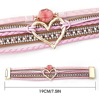 Suyi Multilayer Leather Wrap Bracelet Heart-Shape Wide Bracelets for Women - color: Pink