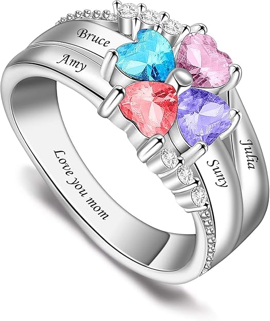 Custom Multi-Stone Family Ring 925 Sterling Silver/10K/14K/18K Gold Colored Personalized (2-8 stones) Birthstone Engraved Ring for Women Mom Wife Jewelry Gifts - style: Four Stone