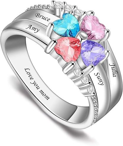 Custom Multi-Stone Family Ring 925 Sterling Silver/10K/14K/18K Gold Colored Personalized (2-8 stones) Birthstone Engraved Ring for Women Mom Wife Jewelry Gifts - style: Four Stone
