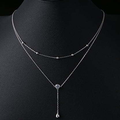FLYOW Layered Necklace S925 Sterling Silver Y Shaped Jewelry - style: One Round CZ Style