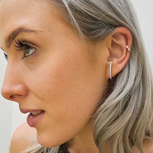 18K Gold Plated Sterling Silver Paved Gemstone Curved Bar Ear Cuffs Suspender Earrings CZ Huggie Earrings - color: Rhodium Plated