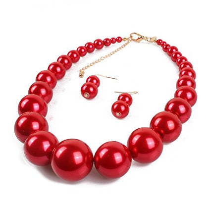 Large Style Big Imitate Pearl Strand Choker Necklace With Earrings Set - color: Red
