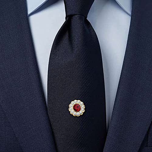 AMITER Crystal/Pearl Tie Tack with Chain, Gold Mens Tie Pin Necktie Pins Lapel Pin for Wedding Birthday Anniversary Party - color: 24k Gold+Red Crystal