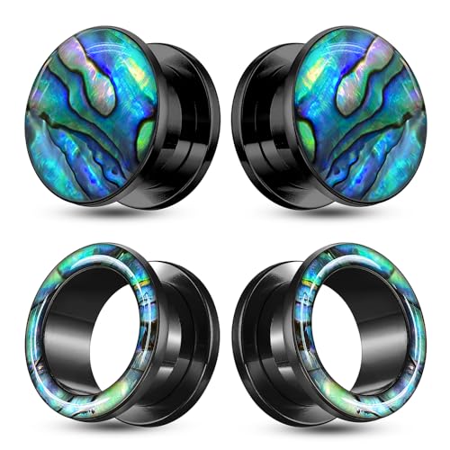2 Pairs Abalone Pearl Shell Stainless Steel Ear Gauges Plugs and Tunnels, Size 2g - 1 inch Hypoallergenic Surgical Steel Ear Stretcher Expander Body Jewelry - color: BO1651 Black, size: 22 mm (7/8 inch)