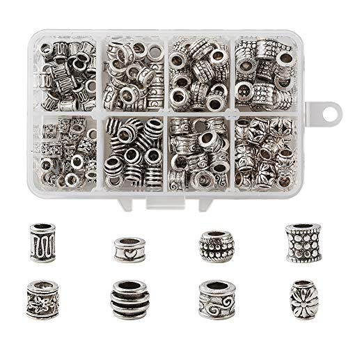 Craftdady 190Pcs Antique Silver Spacer Beads 8 Styles Tibetan Large Hole Column Tube Barrel Metal Charm Beads Hole: 4-5mm Fit European Charm Snake Chain Bracelet Jewelry Making - color: 8 Styles, 190Pcs, Antique Silver