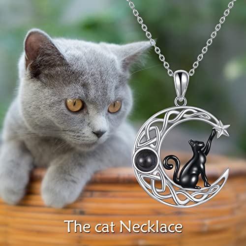 925 Sterling Silver Moon Black Cat Necklace for Women Cat Jewelry - style: H-I Love U 100 Languages Cat Necklace