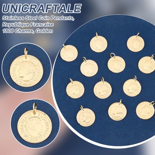 UNICRAFTALE 12pcs Stainless Steel Coin Pendant Republique Francaise 1808 Metal Pendant Flat Round Charms Coin Dangle Medallion Charm for DIY Jewelry Making - color: Golden