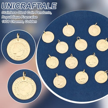 UNICRAFTALE 12pcs Stainless Steel Coin Pendant Republique Francaise 1808 Metal Pendant Flat Round Charms Coin Dangle Medallion Charm for DIY Jewelry Making - color: Golden